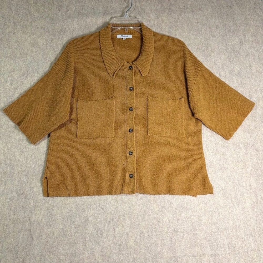 Madewell Cardigan Sweater Women S Yellow Cotton Boucle Polo Knit Boxy Top Trendy